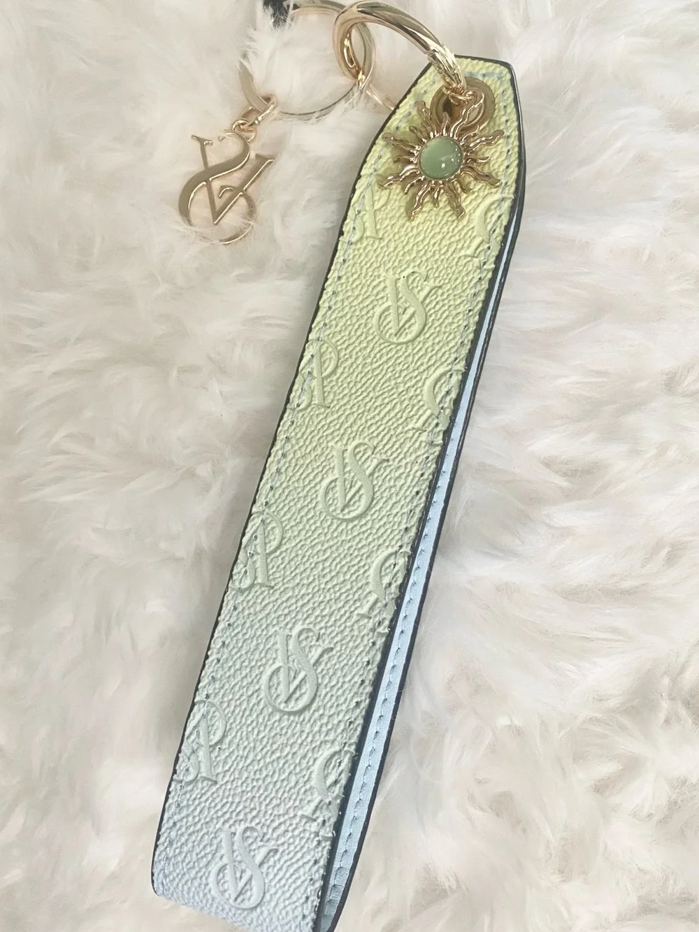 Victoria's Secret Yellow-Green Ombre Leather Key Fob with Gold Sun Charm